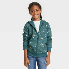 Cat  Jack Girls' Dark Green Gold Stars Zip-Up Fleece Hoodie, XXL 18 Plus