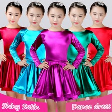 Girl Satin Dance Dress Latin Dancewear Shiny Ballroom Tango Rumba Costume