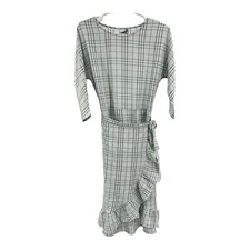 Chelsea 28 plaid midi white gray faux wrap dress S ruffle neutral office party