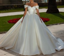 Princess Wedding Dress Off the Shoulder Satin Sweetheart Beaded Bride Gown Train