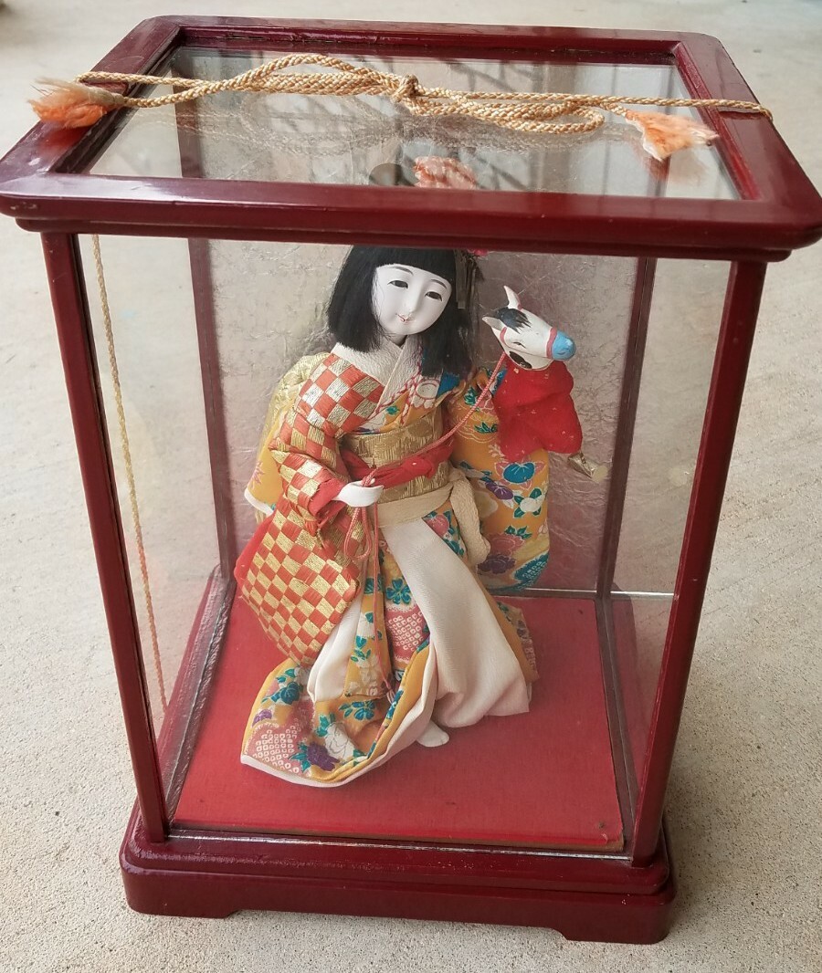 Vintage Midcentury Japanese Porcelain Doll Harugoma Dancer Wood Glass Box  Case