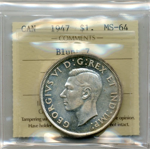 1947 Canada Silver Dollar, Blunt 7 - ICCS Uncirculated MS 64, great eye appeal