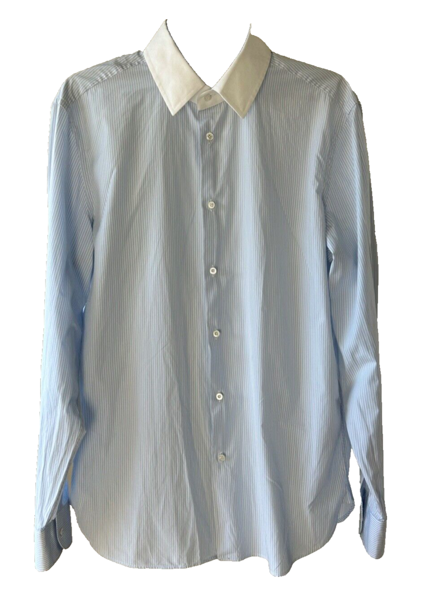gucci blue dress shirt Striped White Collared Embroidered Logo Button Down US 16 summerdaydresses Shirts Shirt realized in Select Jacket & Vest Size:EU54/US44 Black Asymmetric Off The
