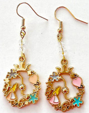 ALICE IN WONDERLAND EARRINGS-GOLD/PINK/BLUE- DANGLE- CRYSTALS-HANDCRAFTED-692