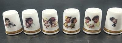 6 Vintage Norman Rockwell Day in Life of A Boy Porcelain Sewing Thimble Japan 