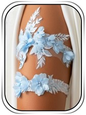 Wedding Garter Set Light Blue Flowers with Pearl Beads 2 Piece