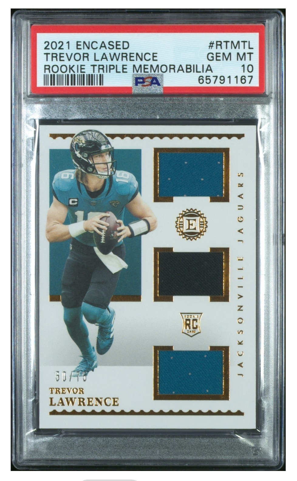 Trevor Lawrence Panini Encased Rookie Triple Memorabilia #RTMTL Base