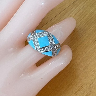 Eric Grossbardt Turquoise Inlay Diamonique CZ Channel Set Ring Sterling Size 7