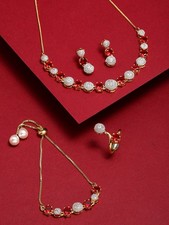 Indian Gold-Plated Ruby Red CZ Necklace Bracelet Earrings Ring Bridal Jewelry Se