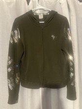 Victoria's Secret PINK Women Hoodie M Green Dog Sequin Logo Full Zip