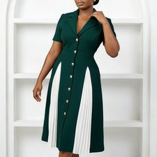 Women's V Neck Lapel Pleated Blazer Elegant Dressy Business Work Midi Dress