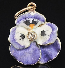 14K Gold Art Nouveau DIAMOND PANSY FLOWER Charm Pendant Enamel Vintage