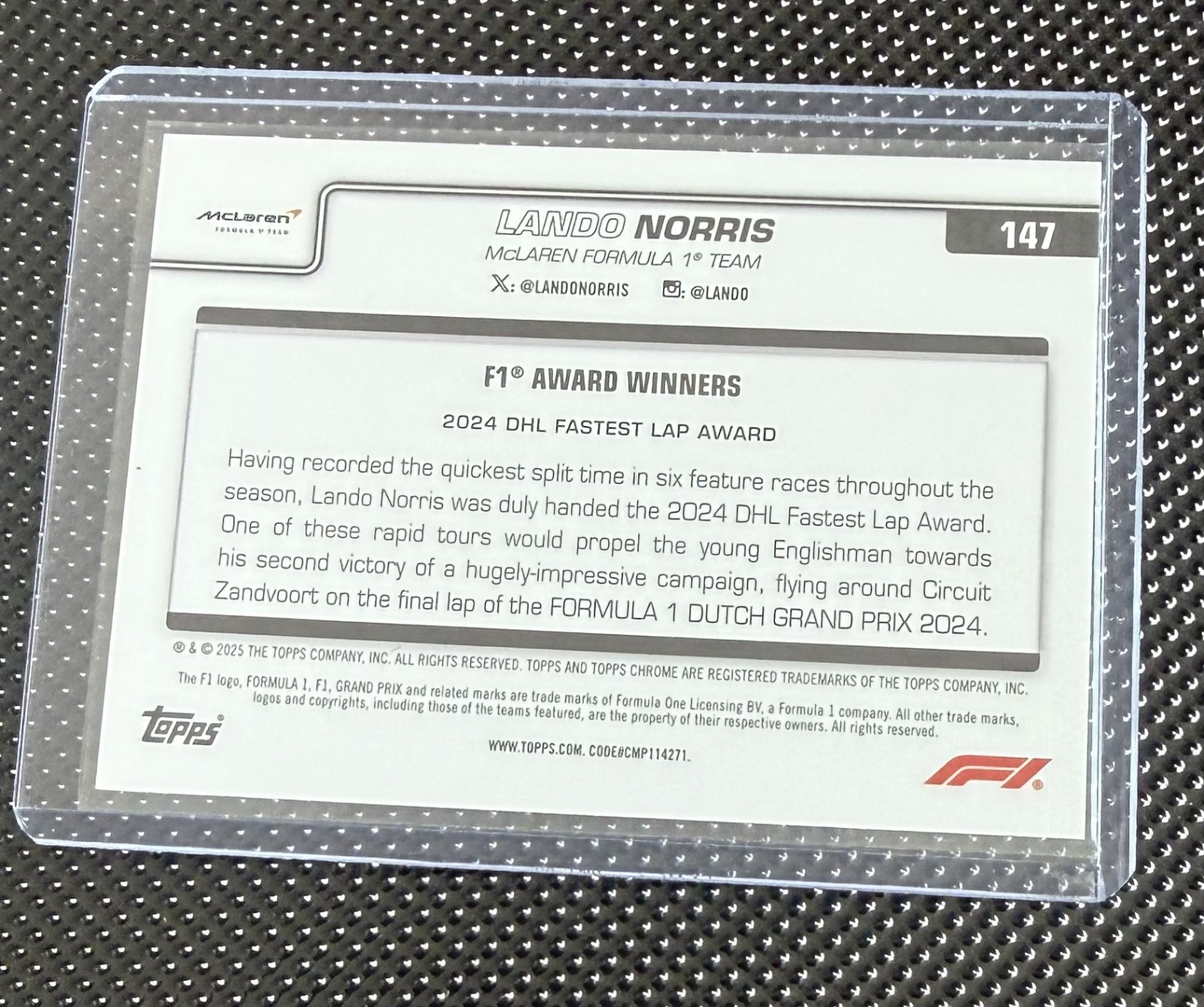 2025 Topps Chrome Sapphire Lando Norris Fastest Lap Award Winner #147 view 2