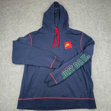 Nike Sportswear Mens Large Just Do It Hoodie Navy Blue Red Contrast Stitch