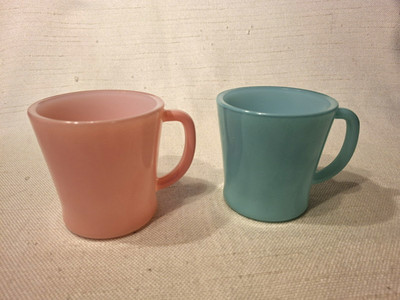 2 FIRE KING~ J-2402 ~ MUGS ~ D Handle ~ Pink & Turquoise Blue