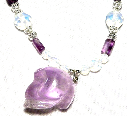 AMETHYST SKULL AND OPALITE GEMSTONE NECKLACE 48cm "NEW" AUZ MADE FN50 - Picture 3 of 4