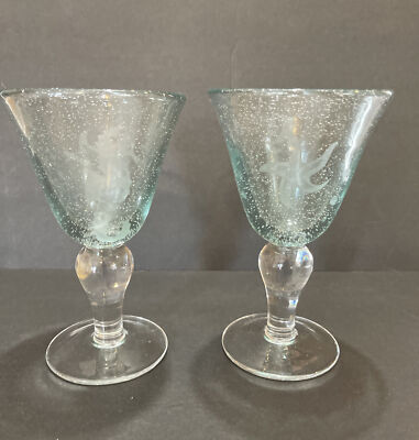 Artisan Crafted Wine Glass Goblet Set Of 2 Etched Seahorse Starfish Coastal Vibe