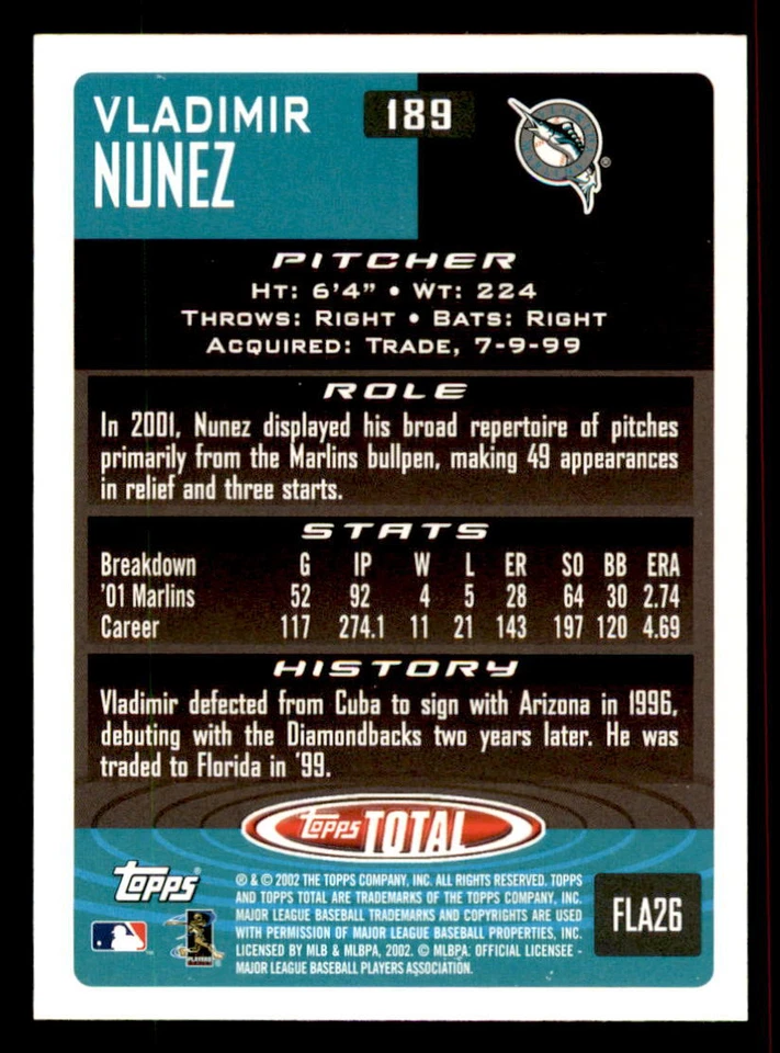 2002 Topps Total  #189 Vladimir Nunez Florida Marlins - Image 2 of 2