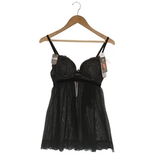 New Daisy Fuentes Babydoll Set Thong Panty Mesh Lace Push Up Adjustable Black M