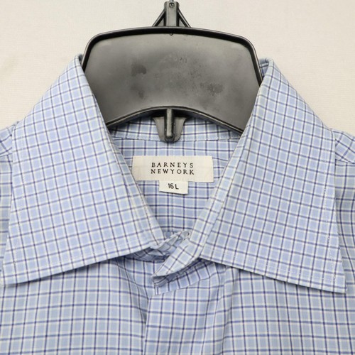 Barneys New York Button Down Dress Shirt Mens 16 Large Blue Plaid Long Sleeve