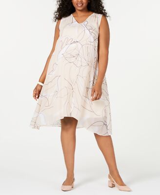 /LX064/ Alfani Plus Printed-Overlay V-Neck Dress Beige Multi Sz 3X $109.50