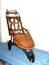 DOLL STROLLER, PRAM 3 patterns of wicker metal frame w/3 wheels  (bdrm)