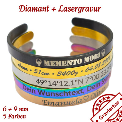 Edelstahl Armspange mit Wunschgravur, 5 Farben, 6 + 9 mm - personalisierbar