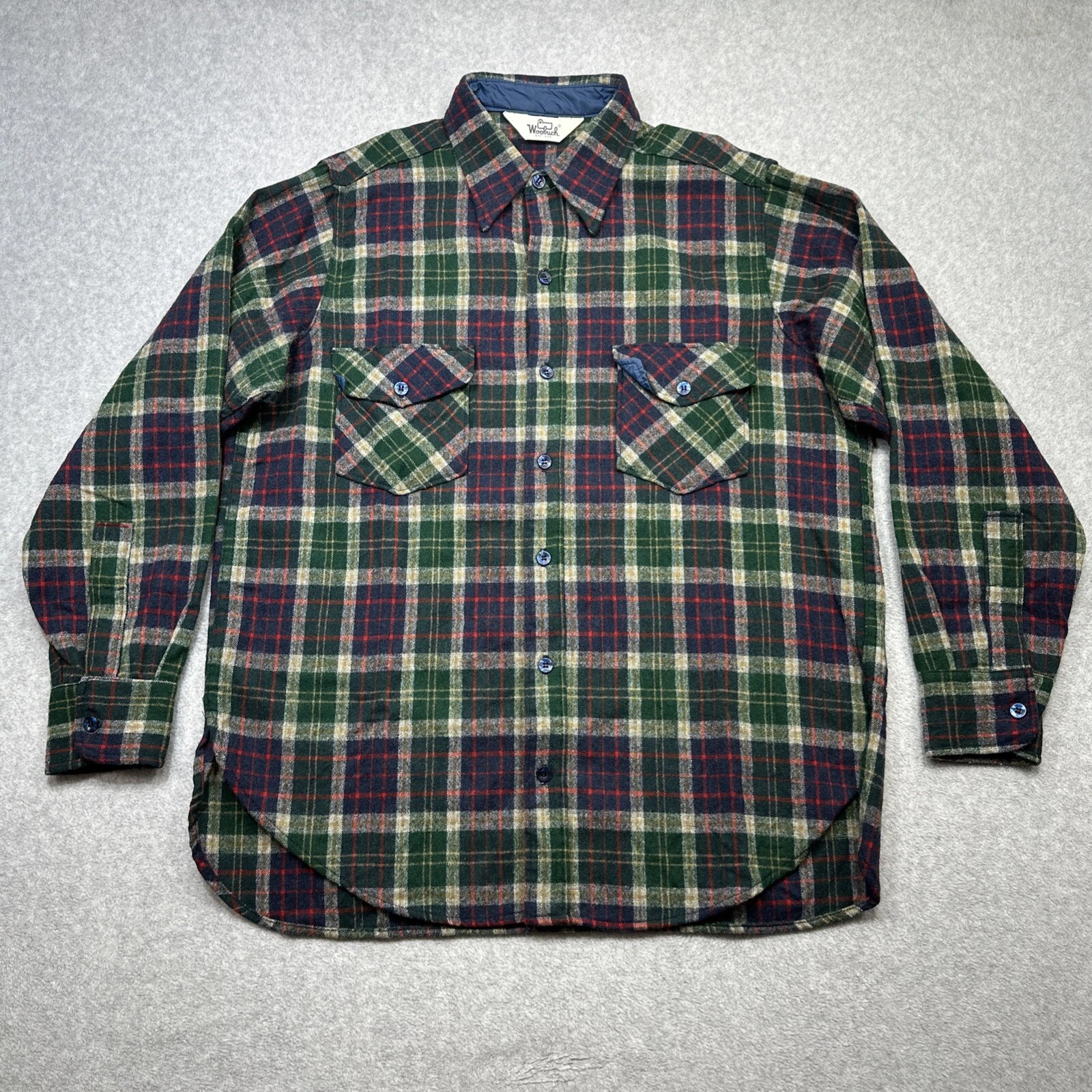 Vintage Woolrich Shirt Men L XL Blue Green Plaid Wool Heritage Classic Workwear