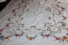 Heavily Embroidered Lace Inset Ivory Tablecloth 64 x 80