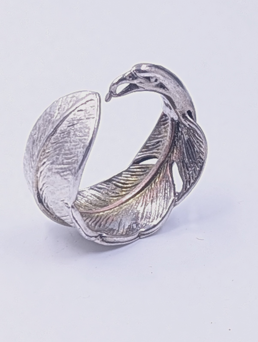LARRY SMITH Sterling Silver EAGLE HEAD Large Feather Ring Size 7.5