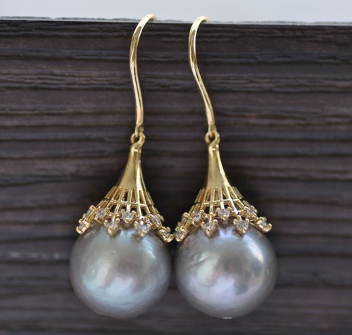 13mm Gray Round Edison Keshi Pearl Dangle Earring CZ - Picture 4 of 4