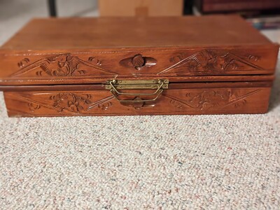 Vintage Folding Oriental Carved Wooden Chess Board , all pieces there. Very rare