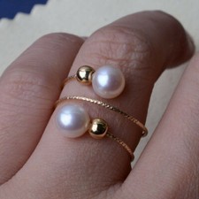Stunning AAA 6-7mm natural Akoya white round pearl rings 14k Gold Elasticity