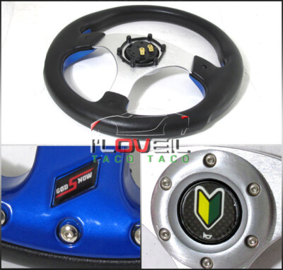 320mm 3 Spoke Blue Steering Wheel + Hub Adapter Kit & Newbie Horn Button