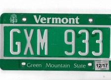 VERMONT passenger 2017 license plate "GXM 933"