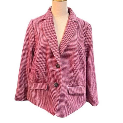 Talbots, Talbots Plus Petite 16WP Houndstooth Blazer Pink Wool Blend Blazer Jacket