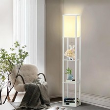 Puluomis 3-Ebene Standleuchte Stehlampe mit Holzregal 1,6m für Schlafzimmer Weiß