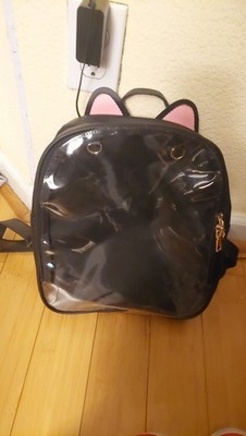 Black Cat Ear Mini Backpack Purse, Zip Closure, Gold Hardware, Women s