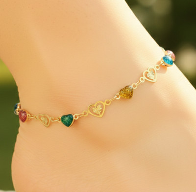 18K Gold Plated Multi-Color Stone Anklet Boho Heart Charm Link Jewelry For Women