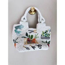 Viral Hand Beaded Gardening Motif Tote Bag White Floral Vegetable Handbag