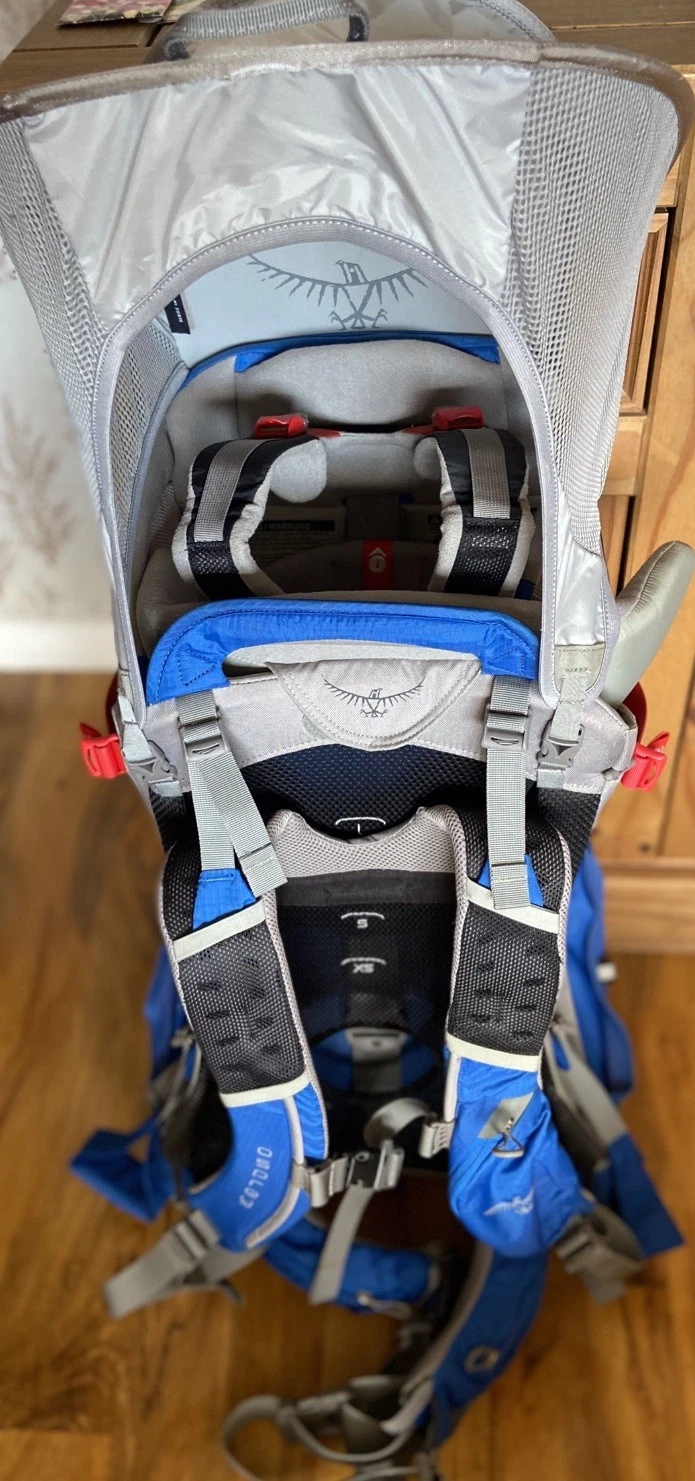 Osprey Poco baby/toddler carrying backpack with Sunshade Blue preowned