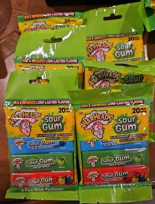 Lot Of 6~ Warheads SOUR Gum BLUE RASPBERRY WATERMELON & GREEN APPLE chewing gum 
