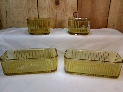 Lot of 4 Vintage 1950's Federal Amber Glass Ribbed Refrigerator Dishes ~ No Lids