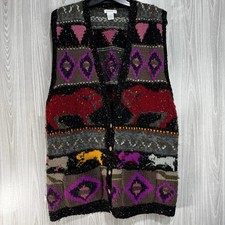 Vintage Susan D Wool Sweater Vest Colorful Animal Geometric Print Indie Sz L