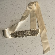 Ivory Satin Bridal Sash Belt with Crystal Rhinestone Floral Applique Wedding