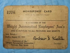 1941 Wright's Aeronautical Employees' Ass'n Membership Card 