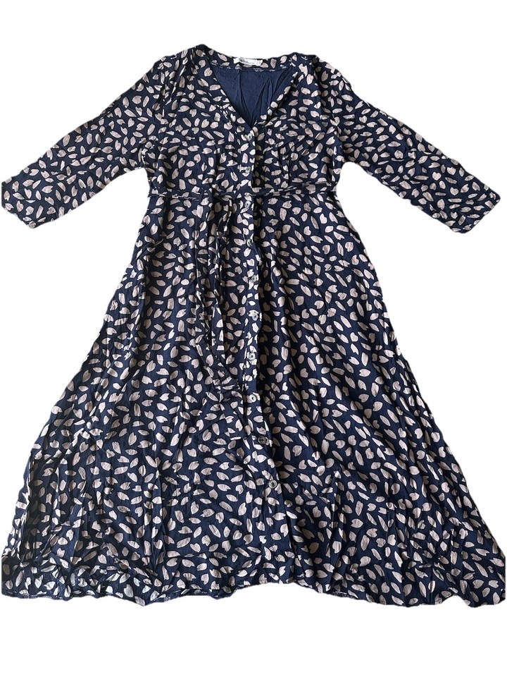Boho Women’s Navy Beige Patterned 3/4 Sleeve Long A Line Dress Size M /Au 12-14