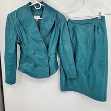 Pappagallo Vintage Teal Leather Skirt Suit Set Double Breasted Blazer Small 6