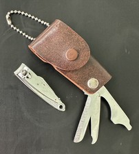 Leather Case Pocket Knife Nail Clipper Bottle Opener File Made In USA 2.5” Vtg
