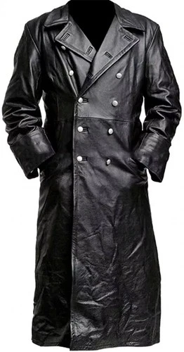 Men's Black Rock German Classic Officer WW2 Military Uniform Real Leather Coat